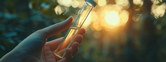close-up of a test tube on the background of nature. Selective focus