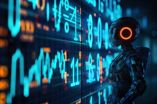 A futuristic robot observing digital data on a large screen. - Powered by Adobe