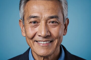 Fototapeta premium Full framed very close face portrait of a smiling senior asian man with blue eyes looking at the camera, studio shot,blue background.