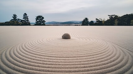 Naklejka premium A single stone rests in the center of a circular pattern in a zen garden. The background is a blurred out view of trees and a cloudy sky.
