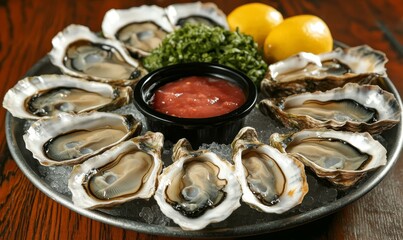 Oysters on ice with red sauce and lemons.