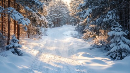 Sunlit Path Through Snow-Covered Forest