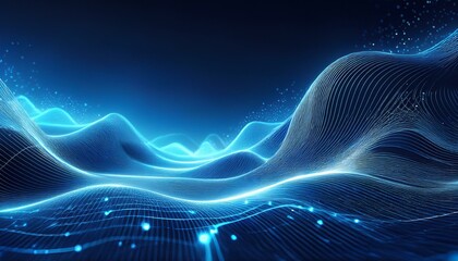 Abstract blue tech background with digital waves, dynamic network system, artificial neural connections, cyber quantum computing and electronic global intelligence