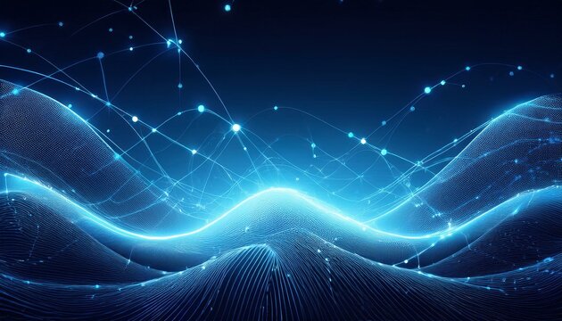 Abstract blue tech background with digital waves, dynamic network system, artificial neural connections, cyber quantum computing and electronic global intelligence