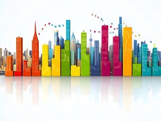 Obraz premium Colorful skyline with reflection, white background