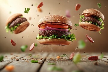 3D burgers dropping from above ultra detailed grilled meat icons aerial food photography composition
