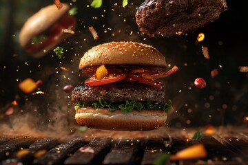 3D burgers soaring through the air lifelike grilled meat collection hyper realistic food photography dynamic composition