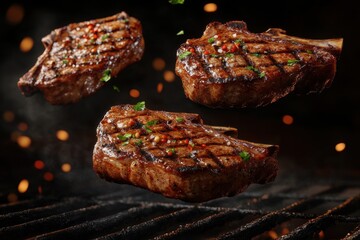 3D flying brisket grilled meat assortment ultra realistic food photography steak angle view