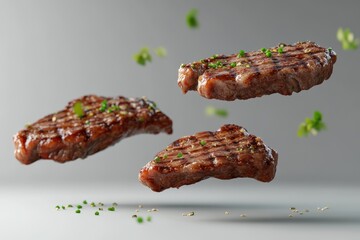 3D flying beef steaks ultra realistic grilled meat icon detailed food photography