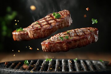 3D image of beef steaks airborne ultra realistic grilled meat collection detailed food photography