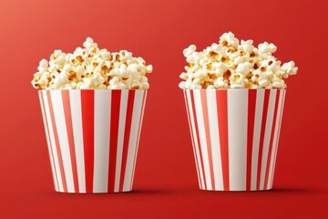 3D movie theater popcorn container such as a bucket bag or cup featuring white and red stripes and popped corn