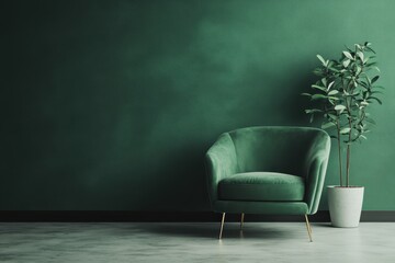3D rendering of a green armchair in a room with a dark green wall