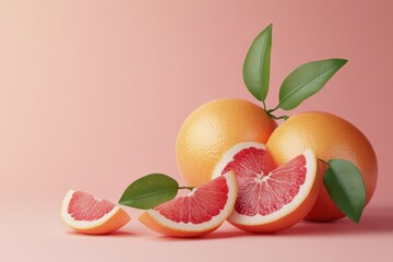 3D image of halved and wedged red grapefruits with leaves on a light pink backdrop