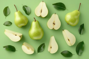 3D illustration of fresh green European pear halves and wedges with leaves on a light green backdrop