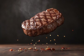 3D rendering of a rare grilled beef steak in mid air highly detailed food image
