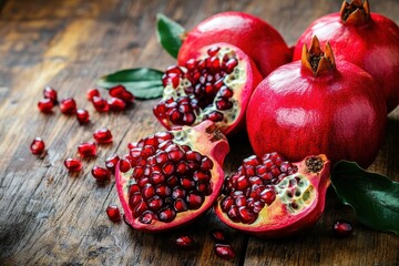 A detailed view of intact and split pomegranates along with their seeds on a wooden surface