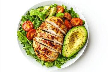 A dish of nutritious chicken fillet avocado and salad A combination of proteins fats and carbs against a white backdrop Aerial perspective