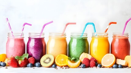 Colorful smoothies in jars with fruit