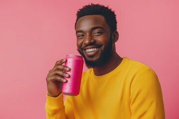 A joyful Black man in yellow attire sips soda from a pink can against a pink backdrop