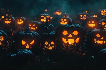 A group of illuminated pumpkins and eerie Jack O Lanterns on a frightful Halloween night with empty space above