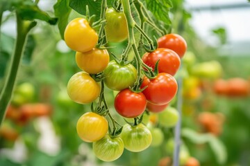 A detailed view of tomatoes at various ripeness on a greenhouse vine showcasing their bright colors and robust development