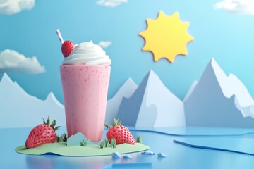Ad for a 3D berry yogurt shake on a tiny island with paper cut sun and mountains behind