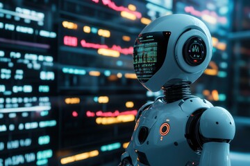 White Robot with a Green Digital Display in Front of a Wall of Screens