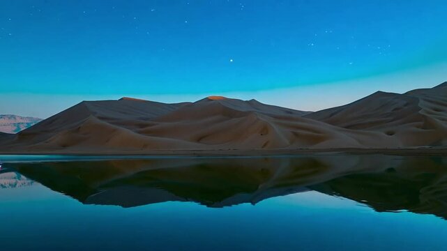Desert dune water reflection timelapse: day to night. 24-hour cycle timelapse of serene arid landscape. Nature&rsquo;s contrast concept.