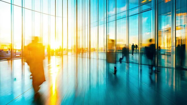 Corporate hustle in glass-walled building. People walking in high speed motion effect in a rush at business office entrance. Busy office life captured in motion blur at sunset.