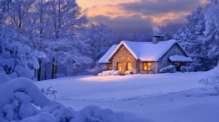 Naklejka premium A Stone Cottage with Warm Windows Bathed in Winter Snow