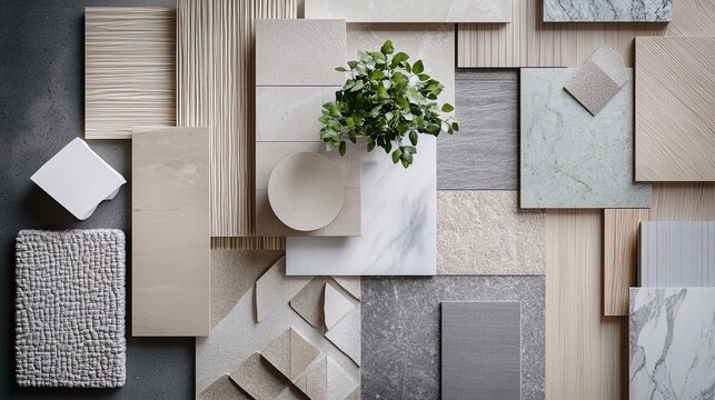 Stylish Interior Design Flat Lay: Textured Fabrics, Wooden Surfaces & Marble Tiles in Gray, Beige & White &ndash; Perfect for Sports Interior Posters with a Touch of Green!