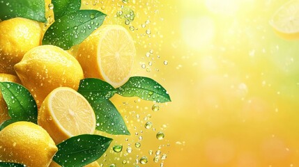 A refreshing and zesty background featuring lemons and greenery, ideal for promoting dishwashing liquids with a citrus scent
