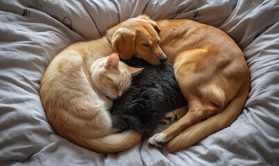 A cat and a dog curled up together on a bed