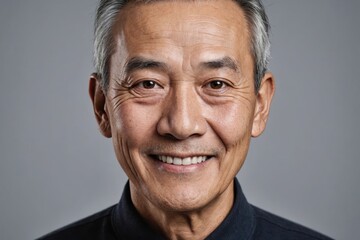 Fototapeta premium Full framed very close face portrait of a smiling senior chinese man with gray eyes looking at the camera, studio shot,gray background.