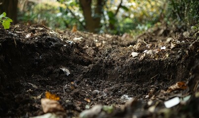 Fototapeta premium Dark soil with leaves and debris.