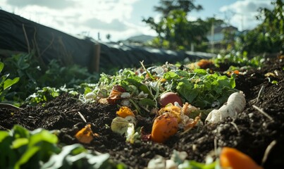 Obraz premium Compost pile with food scraps and leaves.