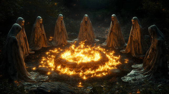 A group of people are gathered around a fire in a circle. The fire is surrounded by a circle of people, and the people are dressed in white. Scene is eerie and mysterious