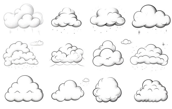 Illustration of clouds, set of cloud line drawings on a white background.