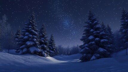 Fototapeta premium Snow-Covered Pine Trees Under a Starry Night Sky