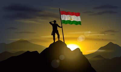 Tajikistan flag, silhouette of man holding flag on Sunset cliff. Vector Illustrator