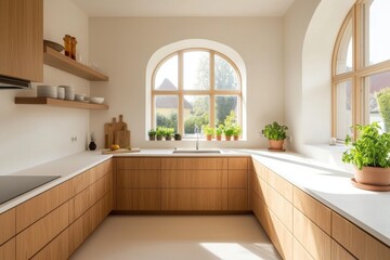 Bright Minimalist Kitchen. Wooden Cabinets. Modern Kitchen Interior Design.
