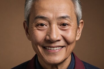 Obraz premium Full framed very close face portrait of a smiling senior chinese non binary with brown eyes looking at the camera, studio shot,brown background.