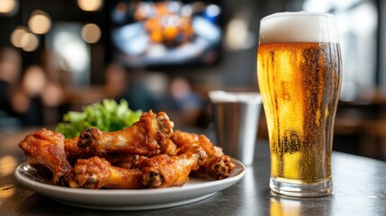A plate of crispy chicken wings paired with a pint of beer. The scene captures the relaxed atmosphere of a bar with blurred patrons and a TV displaying food.