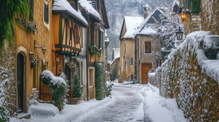 Snow-Covered Stone Buildings and Cobblestone Street in a European Village