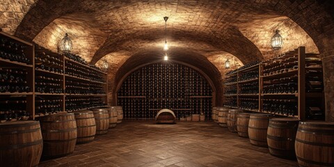 Resting wine bottles stacked on wooden racks in cellar