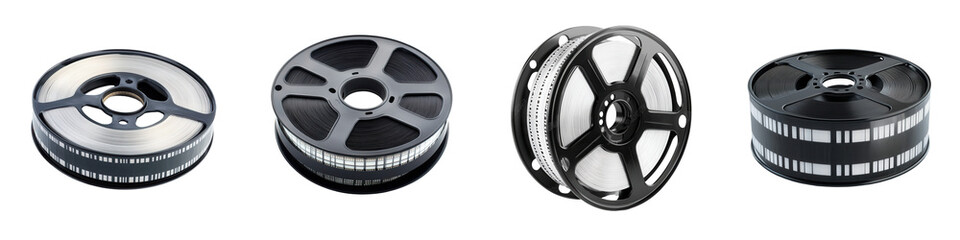 Fototapeta premium Collection of vintage film reels showcasing classic cinematic equipment for movie enthusiasts and filmmakers. isolated on a transparent background