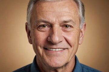 Obraz premium Full framed very close face portrait of a smiling senior caucasian man with hazel eyes looking at the camera, studio shot,hazel background.