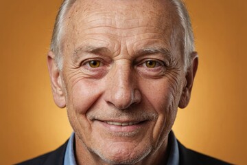 Obraz premium Full framed very close face portrait of a smiling senior caucasian man with amber eyes looking at the camera, studio shot,amber background.