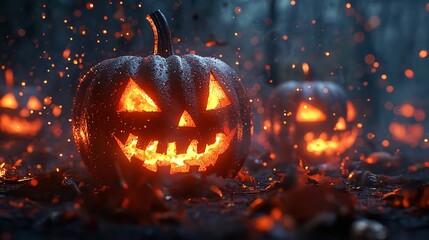 Fototapeta premium Chilling Pumpkin Faces in a Foggy Forest