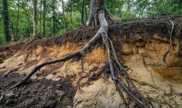 Large tree roots exposed in forest soil. - Powered by Adobe